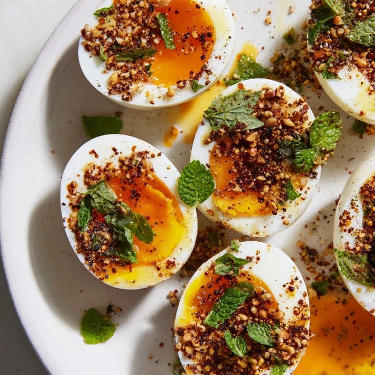 Flavorful Dukkah-Spiced Eggs are a beautiful presentation: tender egg whites, with the dukkah spices providing a unique crunch.