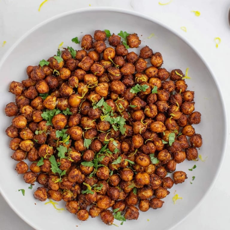 A vibrant bowl of spicy harissa chickpea roast, perfect as a snack with bold North African flavors.