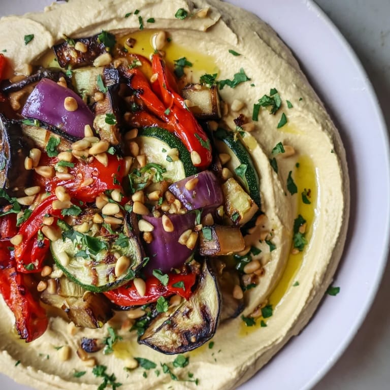 Mediterranean Hummus Roasted Veggies with colorful, tender vegetables and extra virgin olive oil drizzle.