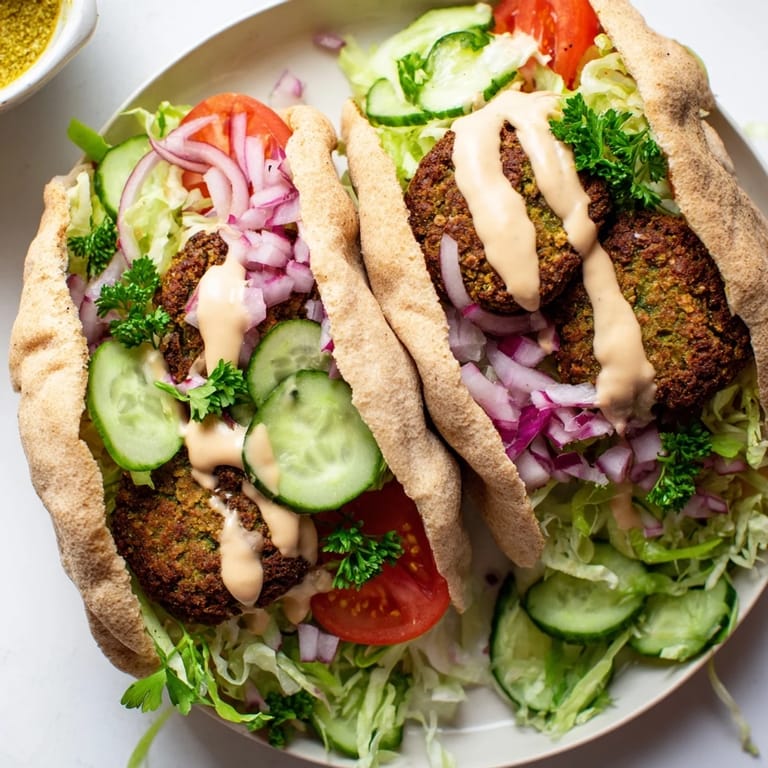 A close-up of a delicious falafel pita pocket, with crisp falafel and colorful, fresh fillings.