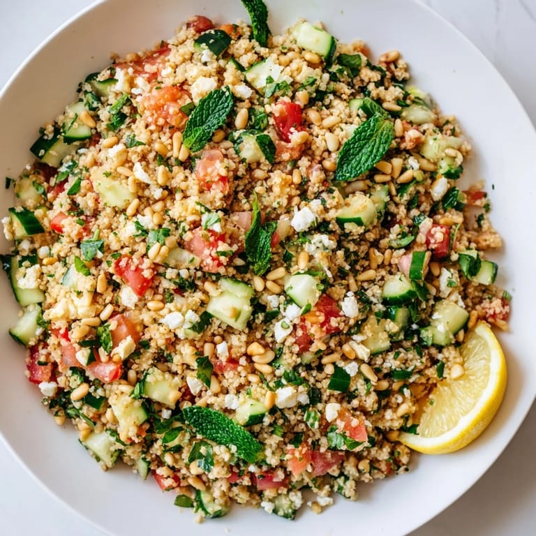 Freshly made Tabbouleh Grain Bowl, featuring juicy tomatoes and fragrant herbs, ideal for a light meal.