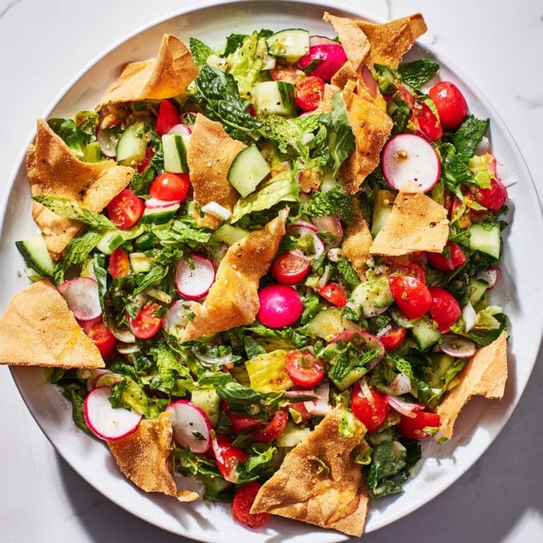Fresh Fattoush Crunch Salad with a bright sumac dressing, perfect for sharing at lunch.