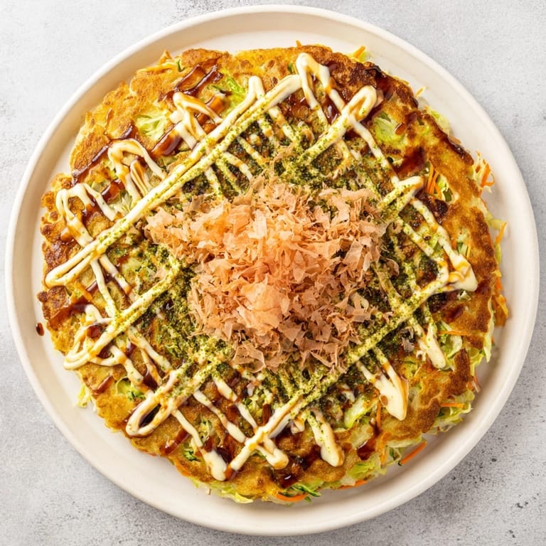Savory Japanese Okonomiyaki Pancakes served hot, garnished with vibrant pickled ginger and green onions for a fresh, tangy bite.
