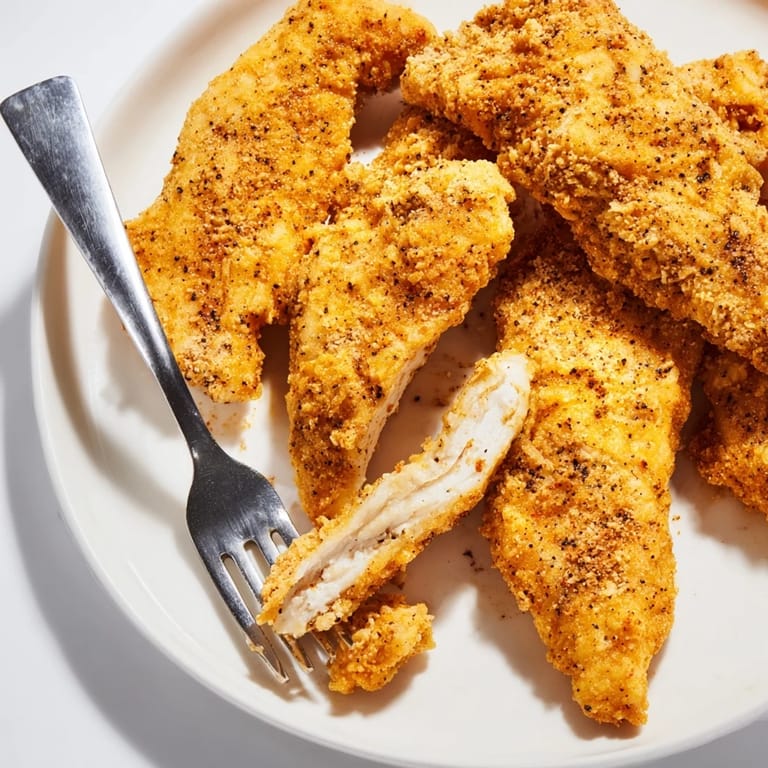 Family-style platter of crispy fried chicken tenders, perfectly seasoned and served alongside ranch and fries.