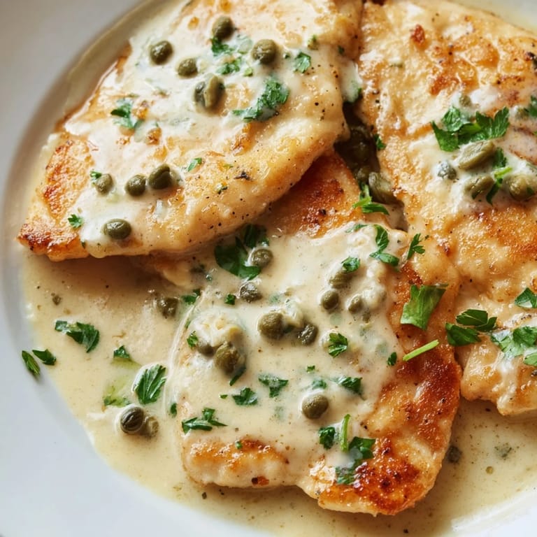 Tender chicken piccata topped with fresh parsley and briny capers on a white dinner plate.