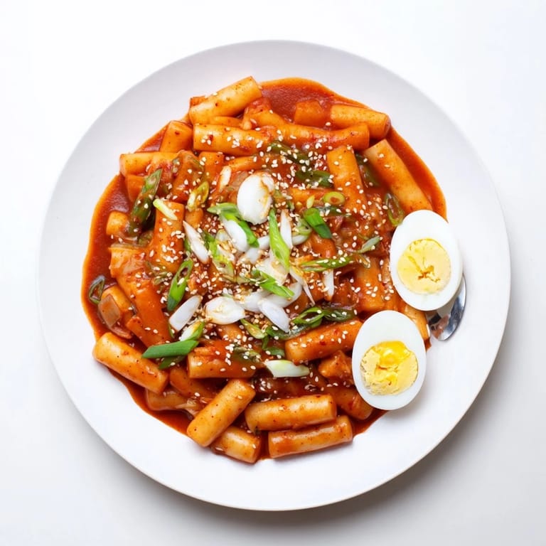 A hearty serving of Korean Tteokbokki steaming in a bowl, showcasing soft rice cakes and sliced onions in a thick, fiery red sauce.