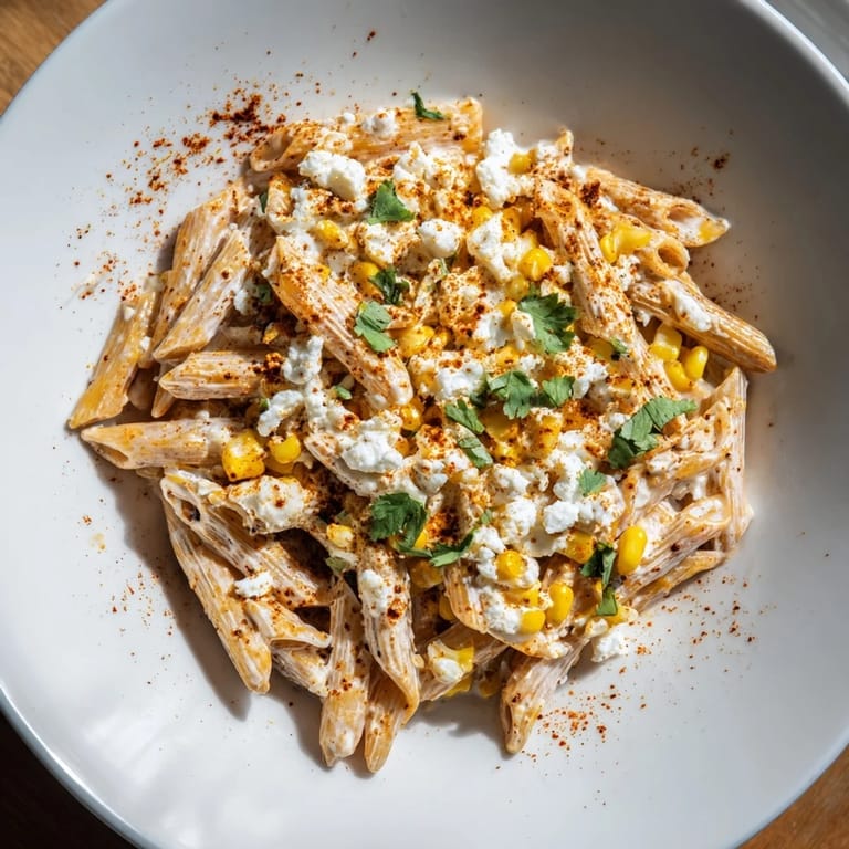 An overhead shot of Mexican Street Corn Pasta tossed in a creamy sauce, topped with cotija and cilantro.