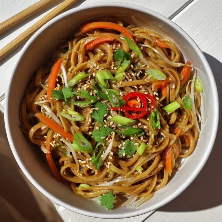Plated Asian Garlic Noodle Bowl garnished with chili slices and bean sprouts, ready to be enjoyed as a quick weeknight meal.