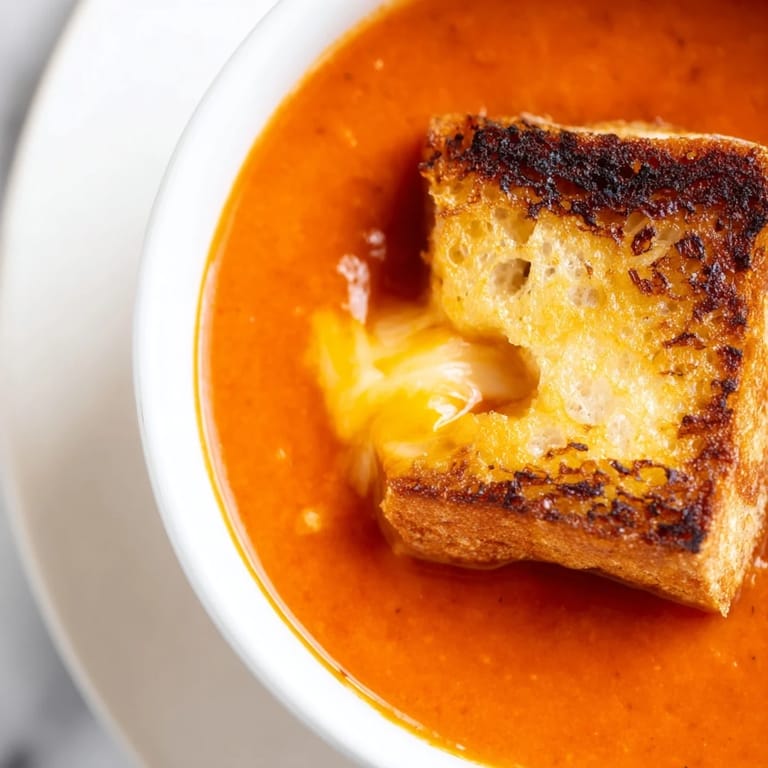 Roasted tomato soup topped with crispy grilled cheese croutons and fresh basil, served in a rustic white bowl for a cozy meal.  