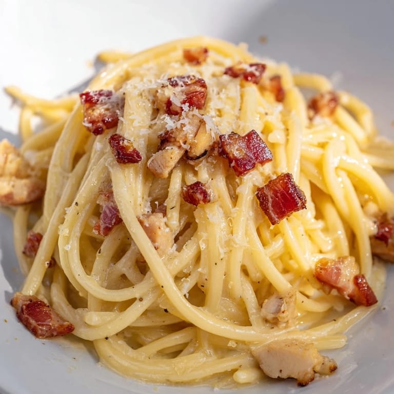 Overhead view of creamy Chicken Carbonara in a skillet, showing the glossy texture of the egg-Parmesan sauce on spaghetti with sautéed garlic, bacon, and shredded chicken.