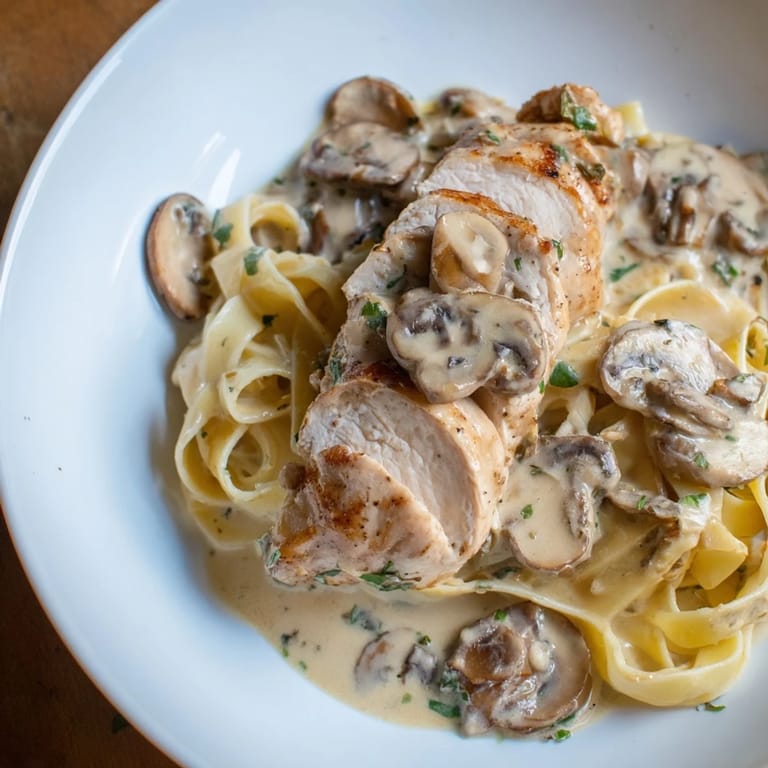 Comforting Creamy Chicken Marsala featuring juicy chicken and mushrooms in a savory wine cream sauce, plated with pasta for a family meal.