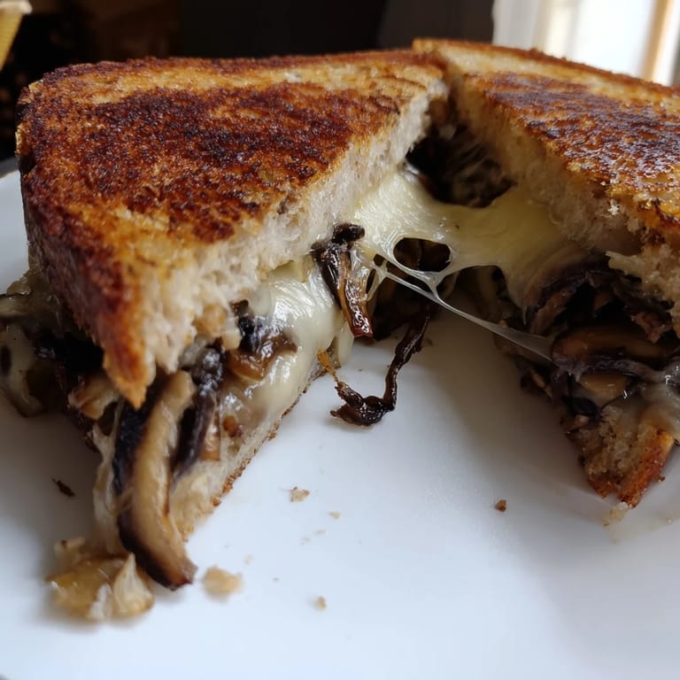 Rustic wooden board holds a cut Mushroom Swiss Grilled Cheese, revealing a hearty, mushroom-filled center and melted Swiss layers.