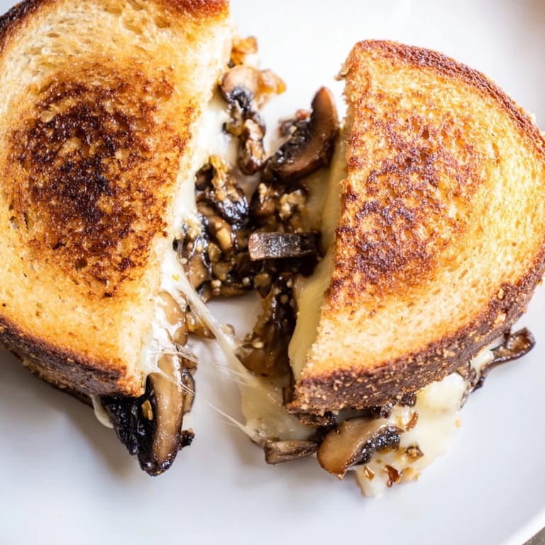Close-up of a golden, buttery Mushroom Swiss Grilled Cheese, overflowing with earthy mushrooms and oozing Swiss cheese on rye.