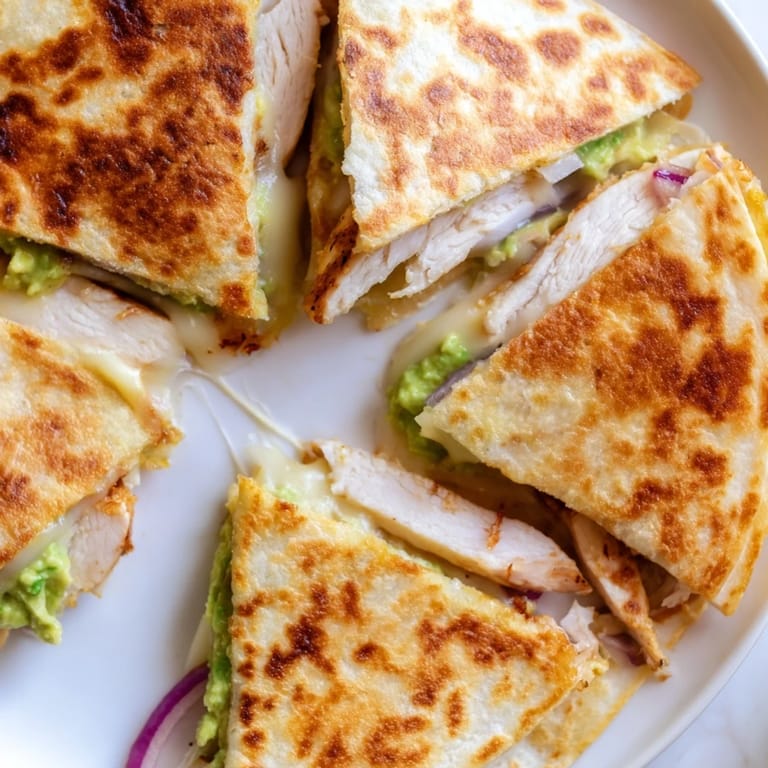 A close-up view of a Chicken Avocado Quesadilla sliced to show juicy grilled chicken inside.  