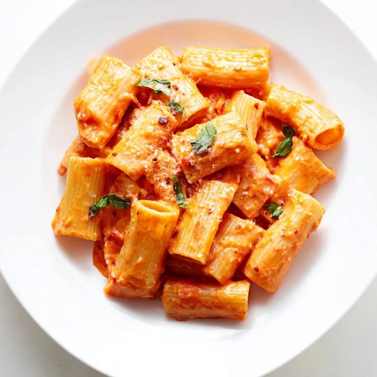 Close-up of al dente rigatoni pasta coated in rich, spicy tomato cream sauce and grated Parmesan.  