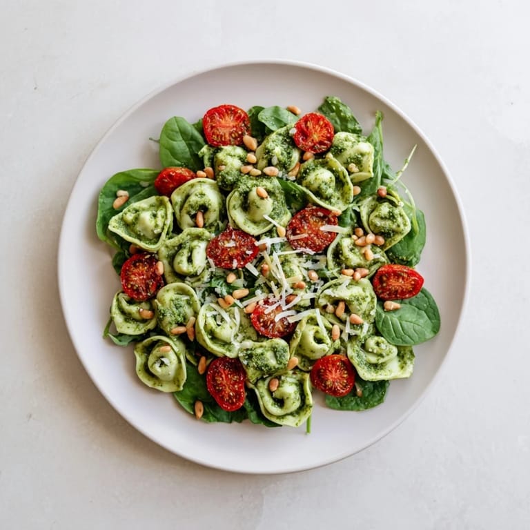 A close-up view of cheesy tortellini salad in a serving bowl, garnished with toasted pine nuts and grated Parmesan, perfect for summer potlucks.