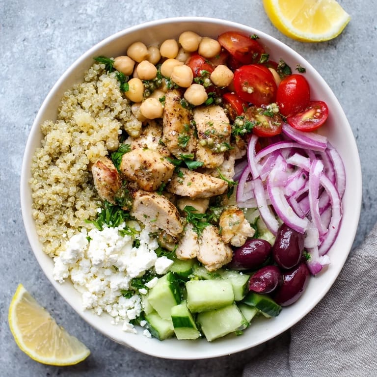 Fresh Mediterranean Chicken Bowl packed with chickpeas, red onion, and parsley, offering a healthy, colorful meal for four.