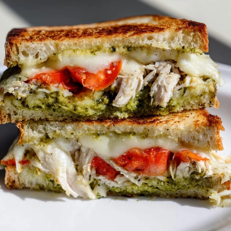 Steaming Mozzarella Pesto Chicken Grilled Cheese, featuring vibrant green pesto and melted cheese, perfect for an easy weeknight dinner.