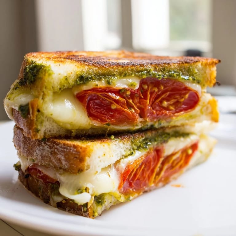 A close-up of the gooey, buttery Roasted Tomato Pesto Grilled Cheese sandwich, packed with caramelized tomato slices and fresh spinach.  