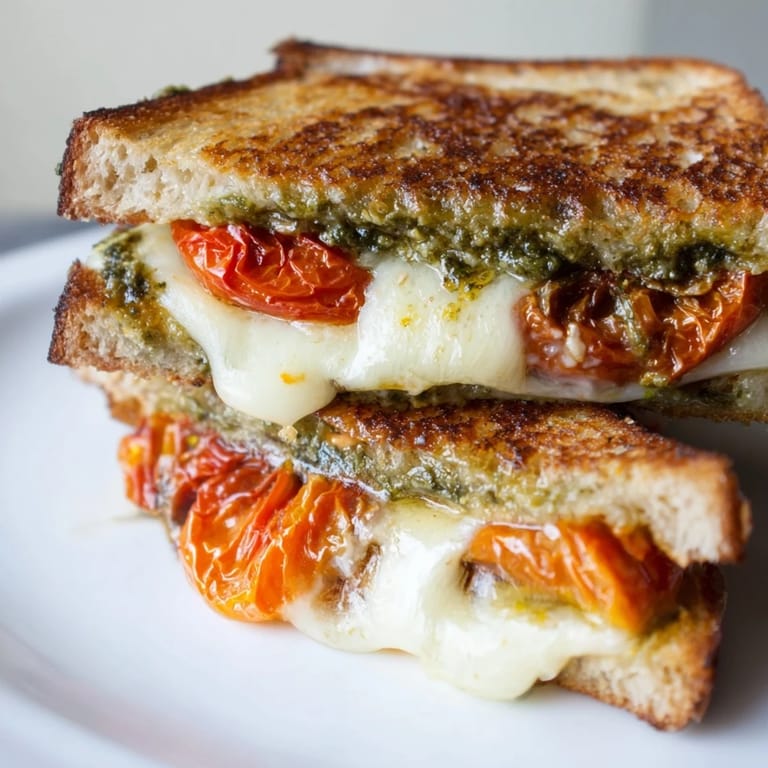 Rustic bread holding sharp cheddar and slow-roasted tomatoes in the vegetarian Roasted Tomato Pesto Grilled Cheese, served beside a green salad.