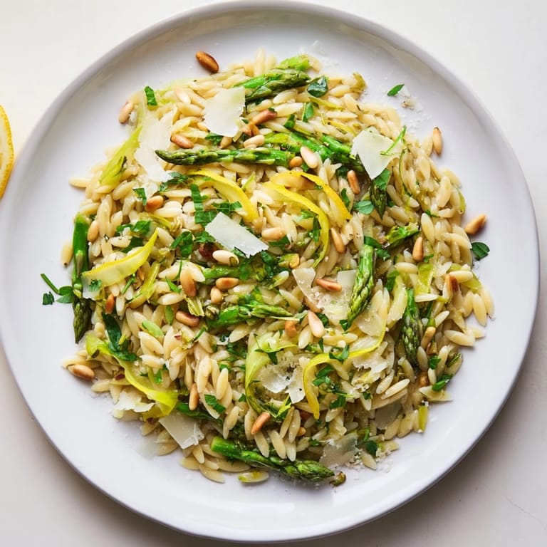 Spring Asparagus Lemon Orzo Salad tossed with fresh herbs, lemon zest, and olive oil dressing, ready for a sunny picnic.