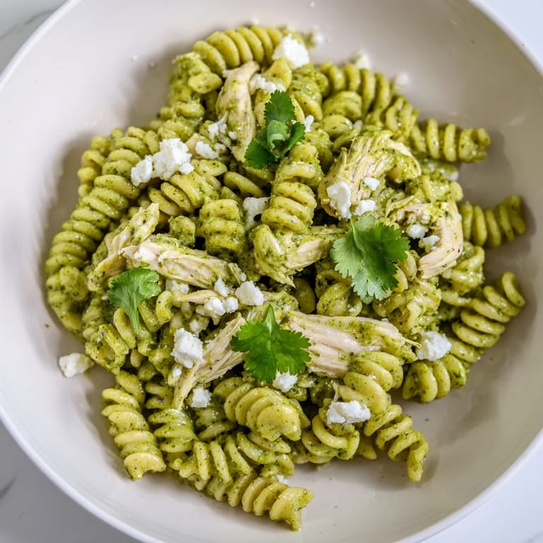 A colorful skillet of warm cilantro lime chicken pasta, showing tender shredded chicken and rotini coated in a bright green yogurt-cilantro sauce.