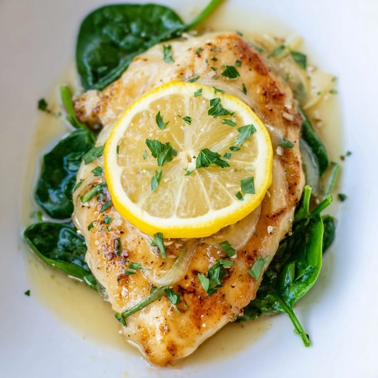 Close-up of Spinach Lemon Butter Chicken sizzling in a skillet, showing the bright yellow sauce with lemon zest and melted butter pooling around the chicken.