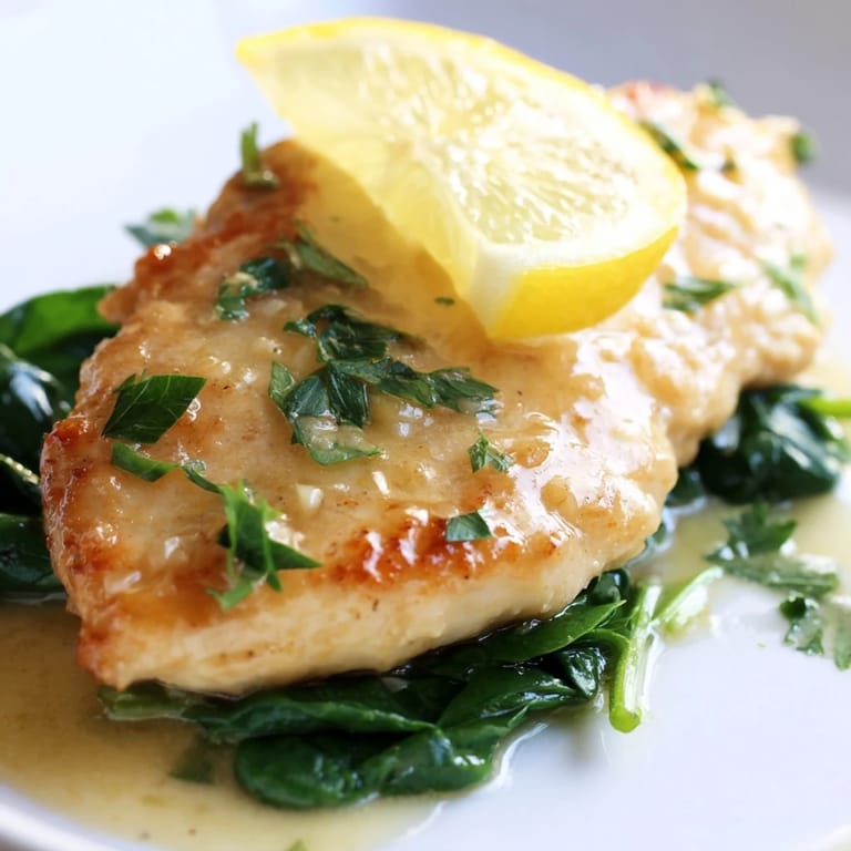 Plated Spinach Lemon Butter Chicken dinner with juicy cutlets over fresh spinach, lemon slices, and a side of mashed potatoes on a rustic table.