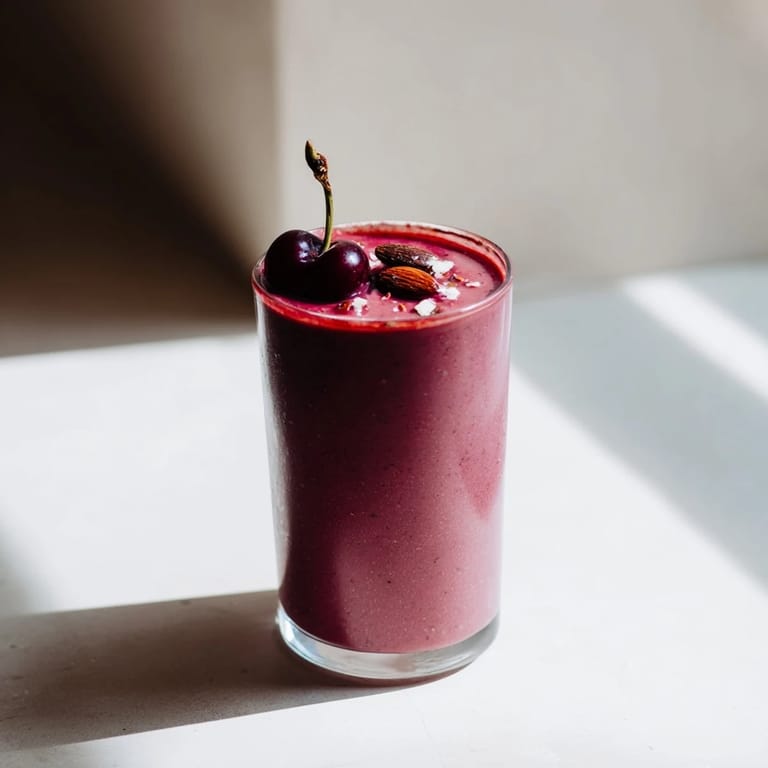 This rich, dairy-free cherry almond smoothie is poured into a tall glass, ready for a quick, refreshing sip.