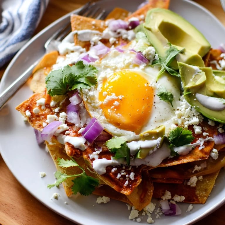 Golden tortilla triangles fried crisp, simmered in zesty salsa and crowned with a sunny-side-up egg, queso fresco, and creamy avocado slices.