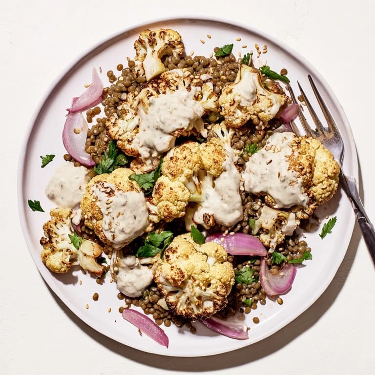 Close-up of Roasted Cauliflower With Lemon Lentil Cumin Tahini Yogurt, highlighting golden-brown florets, fluffy lentils, and a drizzle of tangy tahini yogurt.