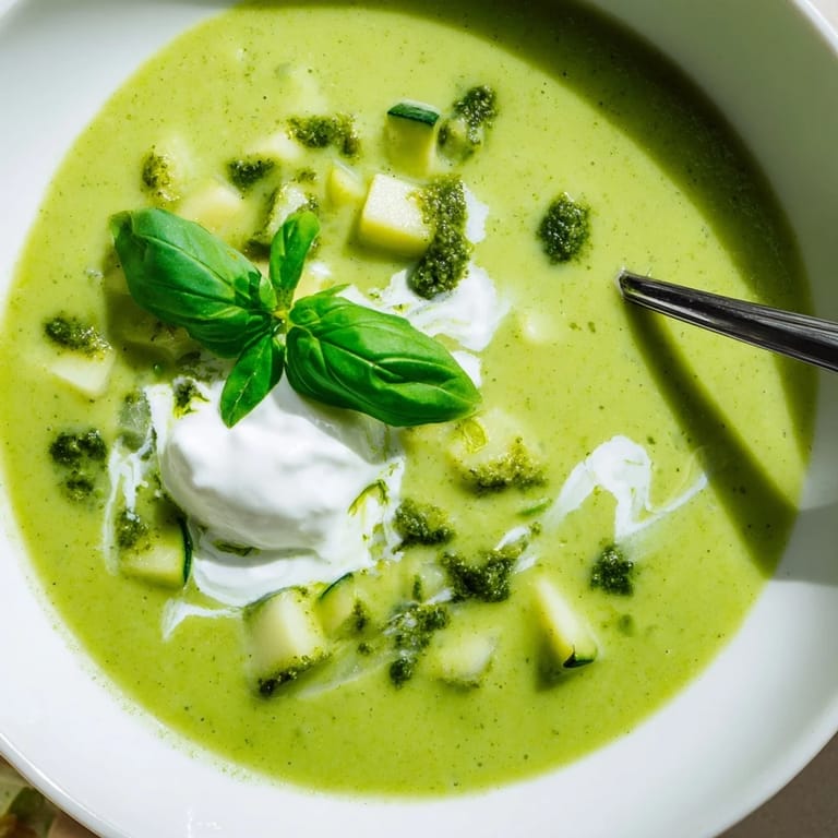 Healthy bowl of Courgette, Pea and Pesto Soup topped with a dollop of Greek yogurt, served alongside crusty artisan bread for dipping.