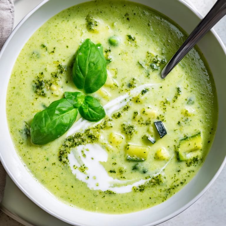 Smooth, blended Courgette, Pea and Pesto Soup with visible specks of basil, steaming warmly in a white ceramic soup mug on a wooden table.