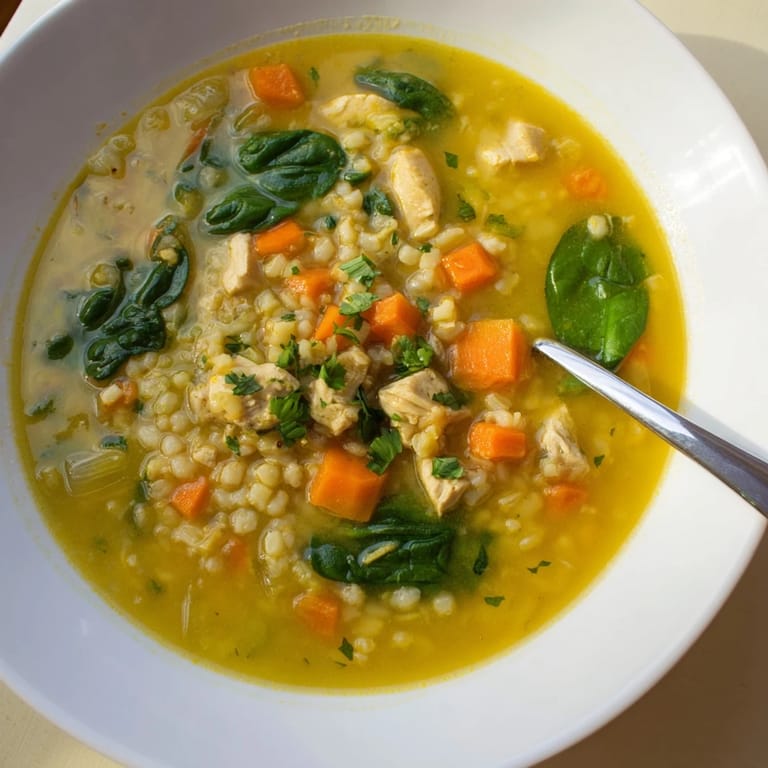 Warm Soothing Turmeric Chicken With Pearl Barley steaming in a rustic bowl, paired with crusty bread on a wooden table for a comforting meal.