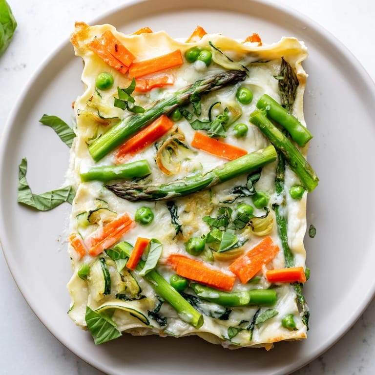 A close-up of Spring Veggie Alfredo Lasagna served on a white plate, garnished with fresh basil and steaming with melted cheese.