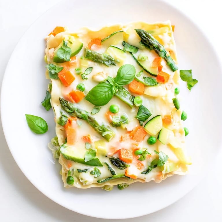 Freshly sliced Spring Veggie Alfredo Lasagna reveals vibrant layers of zucchini, carrots, and peas in a light creamy sauce.