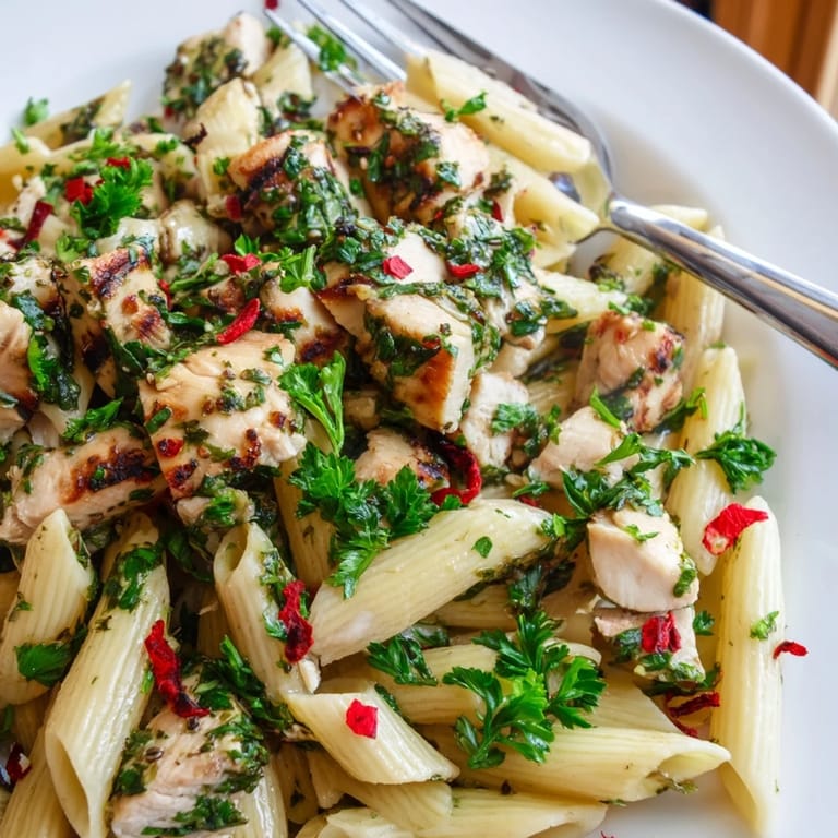 A close-up of Chimichurri Chicken Pasta, featuring tender meat and al dente noodles tossed in a vibrant, oil-based green sauce.