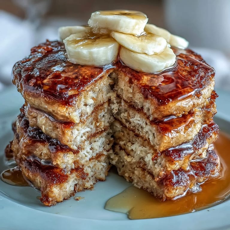 Freshly cooked Banana Oat Pancakes resting on a wire cooling rack with sliced bananas and a pitcher of syrup nearby.