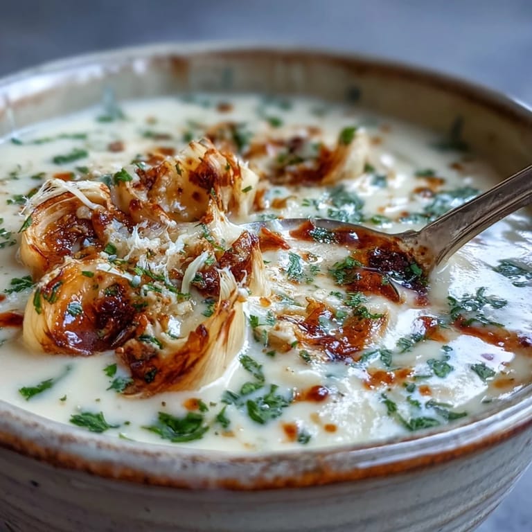 Smooth vegetable-based roasted garlic soup topped with fresh parsley, a drizzle of olive oil, and crunchy gluten-free croutons.