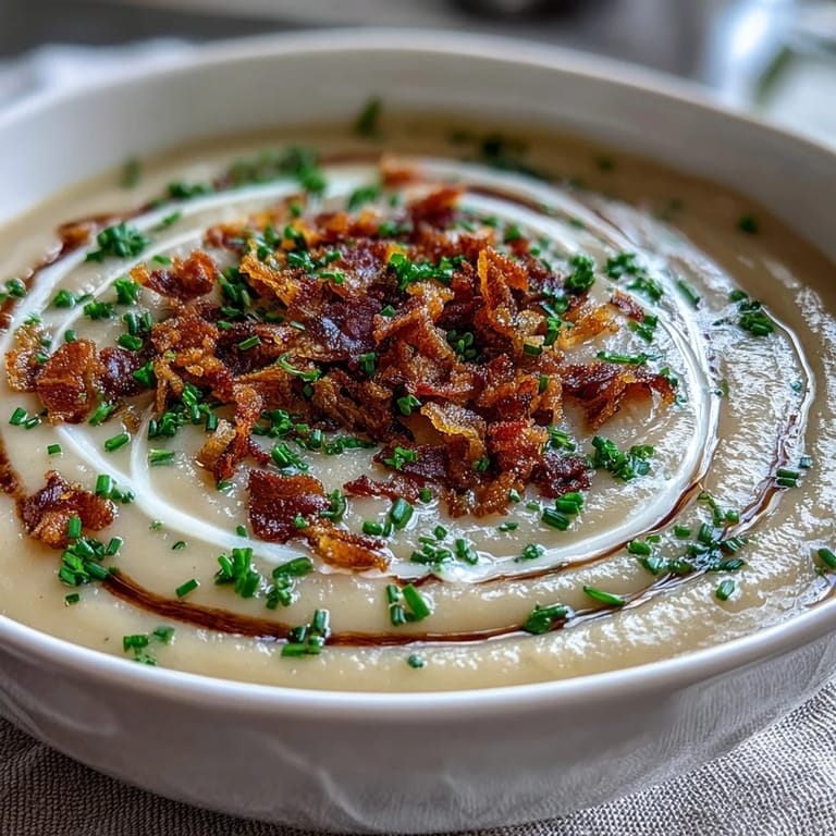 Rustic bowl of Creamy Celeriac Soup with Crispy Bacon served beside crusty bread and white wine.