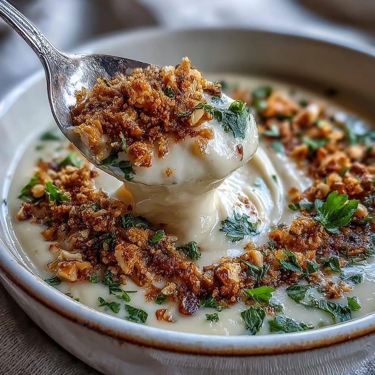 Homemade celeriac soup with hazelnut crumble, garnished with fresh parsley for a cozy meal.