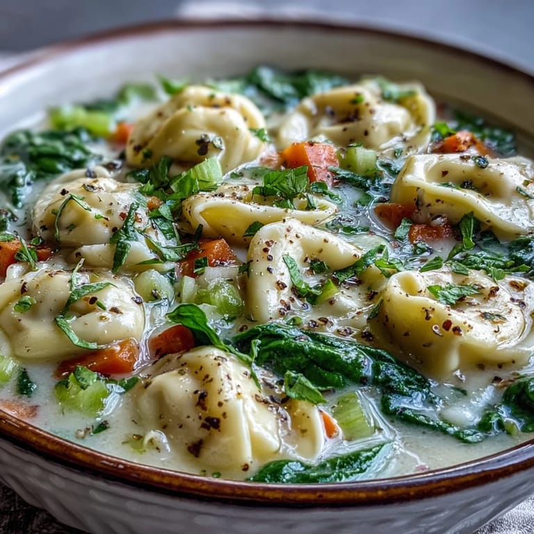 Top-down view of Easy Tortellini Soup with Chicken Broth in a Dutch oven, showing creamy texture and vegetables.