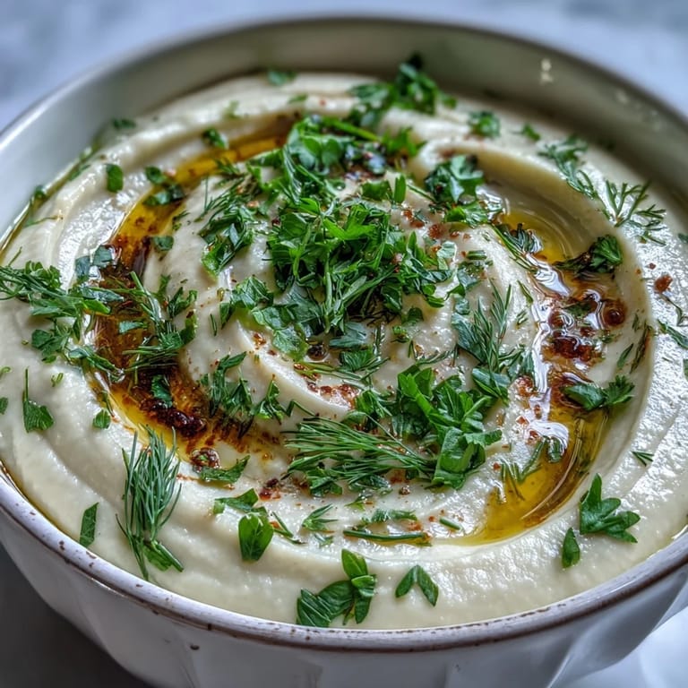 Close-up of Parsnip and Herb Soup topped with chopped chives and dill, served with crusty bread.