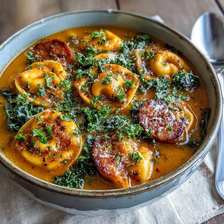 Spoonful of rich Pumpkin Tortellini Soup, featuring tender pumpkin, savory chicken sausage, and cheesy tortellini, alongside vibrant kale.