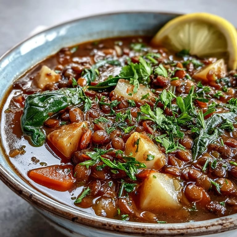 Spoon into this thick Vegetarian Lentil Stew featuring tender potatoes and kale in a savory broth.