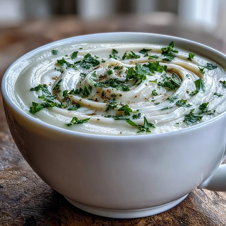 Steaming bowl of Creamy Celery Root Bisque, featuring a smooth, pale texture and a drizzle of cream.