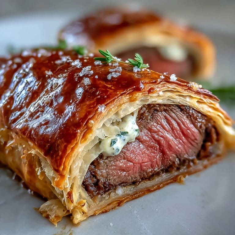 Beef Wellington plated with rich mushroom duxelles, paired with a glass of red wine for a special occasion dinner.