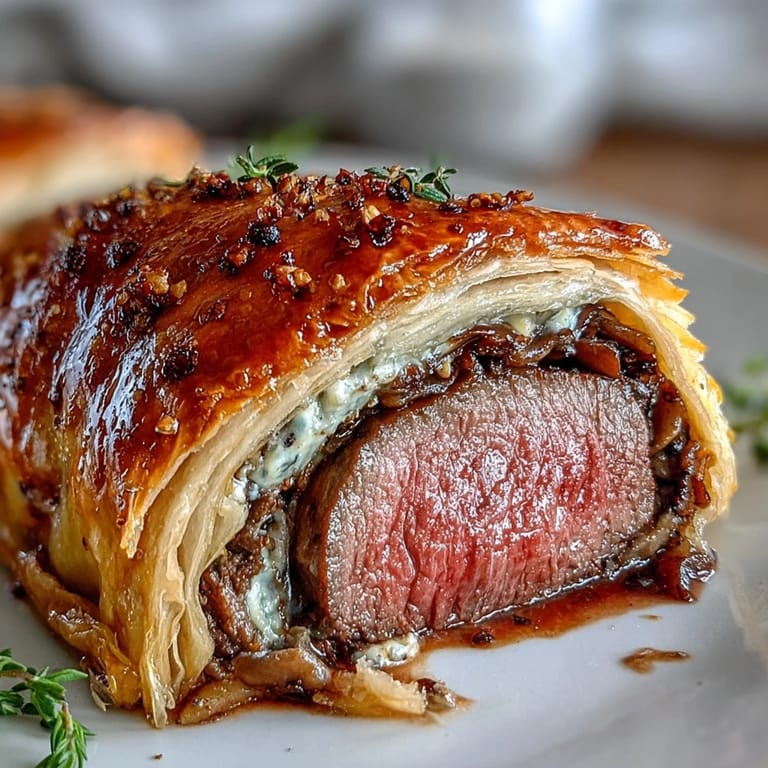 Sliced Beef Wellington revealing tender beef tenderloin wrapped in prosciutto, garnished with fresh thyme and a drizzle of pan jus.