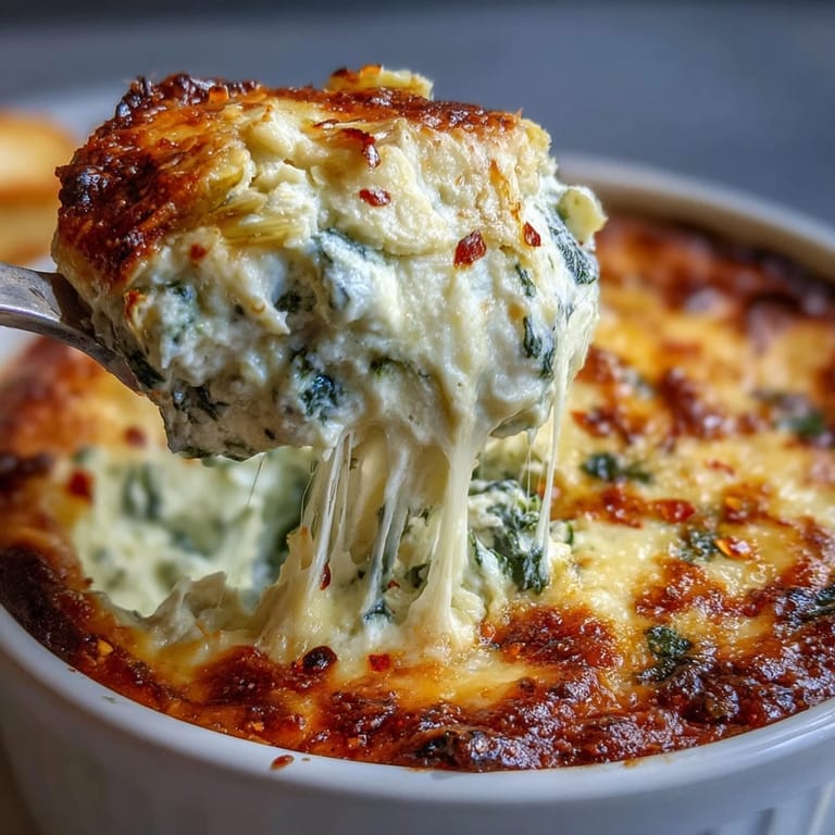 Bubbling hot Spinach Artichoke Dip paired with colorful vegetable sticks and toasted baguette slices on a table.