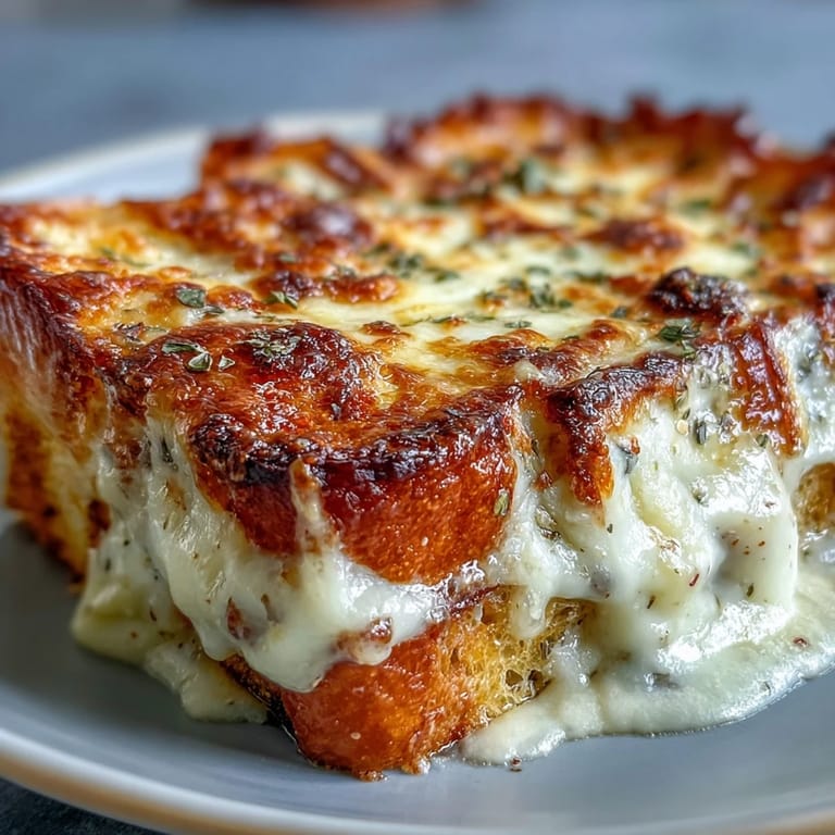 Buttery bread layers, ham, and Gruyère cheese in a creamy Croque Monsieur Casserole topped with rich béchamel.